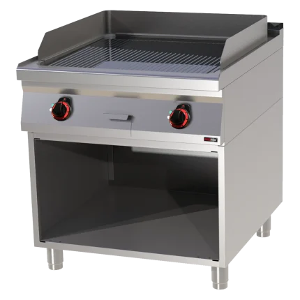 Fry-top griddle plate 71x65 electric chromed grooved on open cabinet 400 V | Line - FTRC 90/80 E